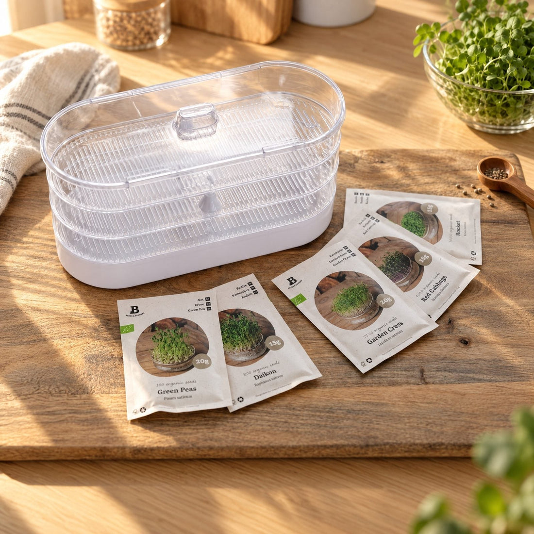 Mikrogröntlådan med groddtorn - 5 påsar ekologiska frön